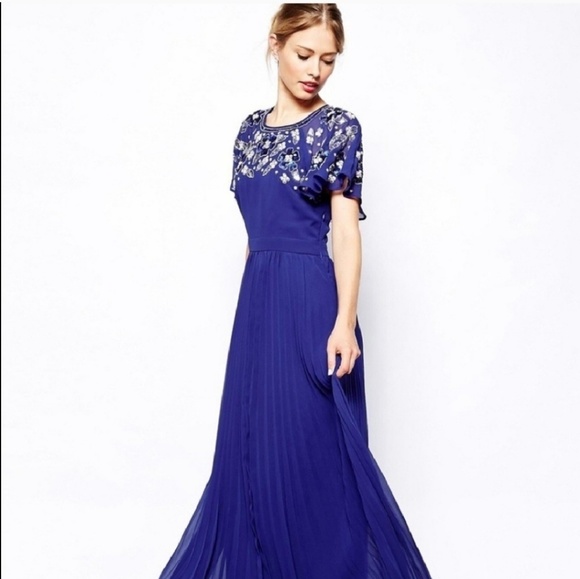 ASOS Dresses & Skirts - Asos cobalt beaded floral aline pleated maxi gown